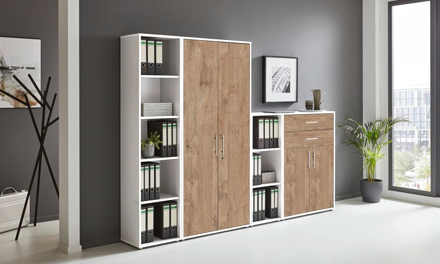 Schrankwand TABOR 22 Büroregal Aktenschrank Büroschrank abschließbar in diversen Farbvarianten (weiß/Gold Harbor Oak)