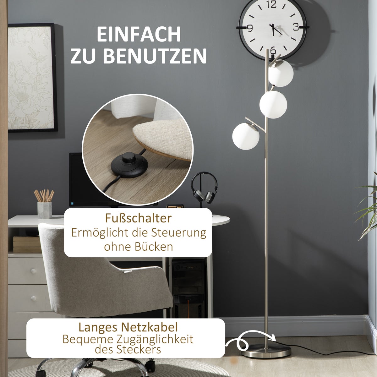 HOMCOM staande lamp, 27L x 27B x 169H cm, glas, zilver