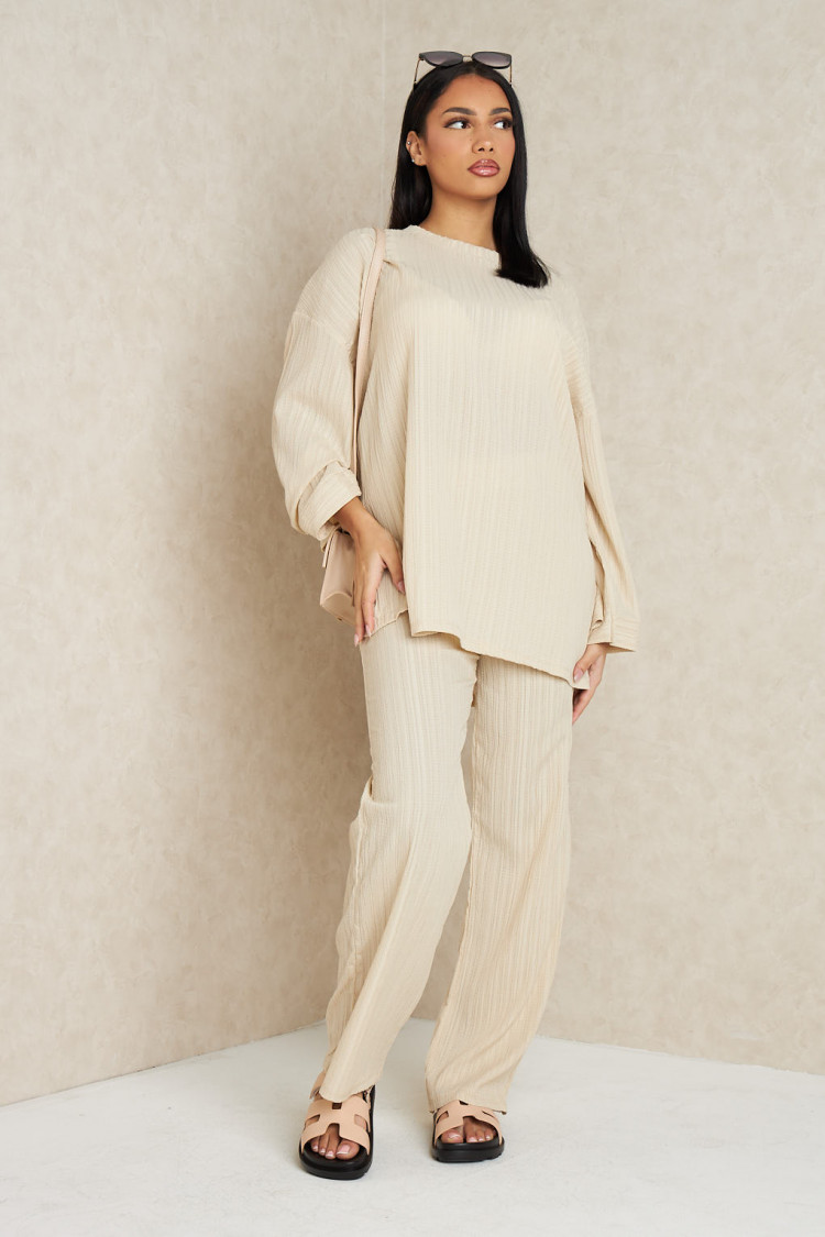 Ensemble 2 pièces pull fin + pantalon à rayures beige