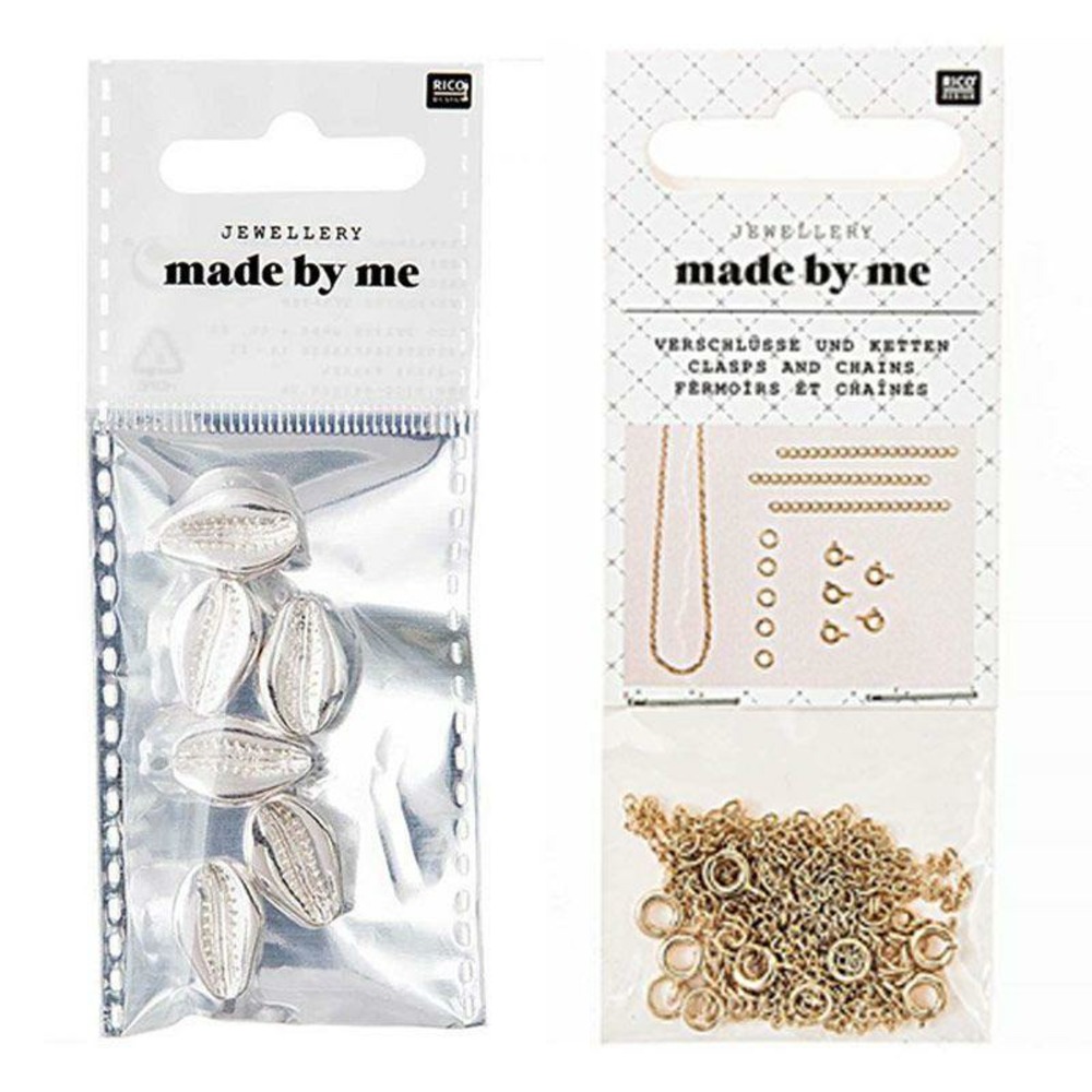 6 perles coquillages argent + fermoirs fins et chaînes dorés