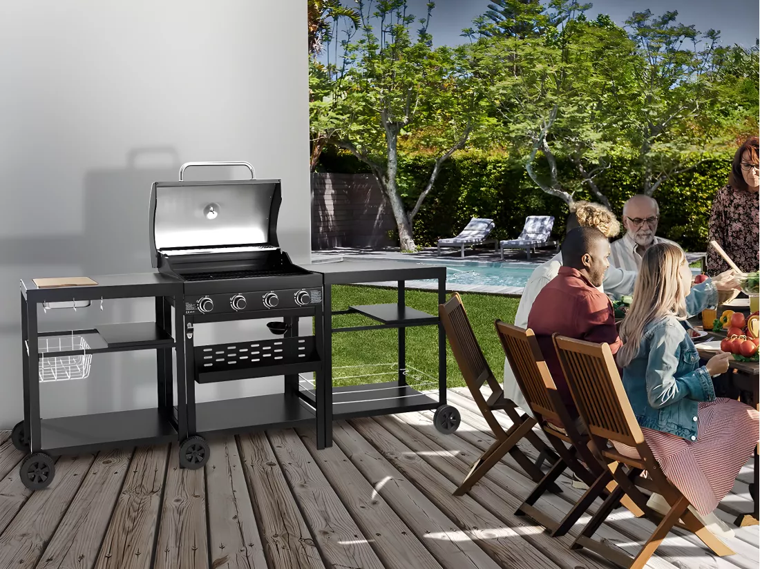 Barbecue à gaz cuisine d'extérieur - 12 kw - 4 brûleurs - Noir