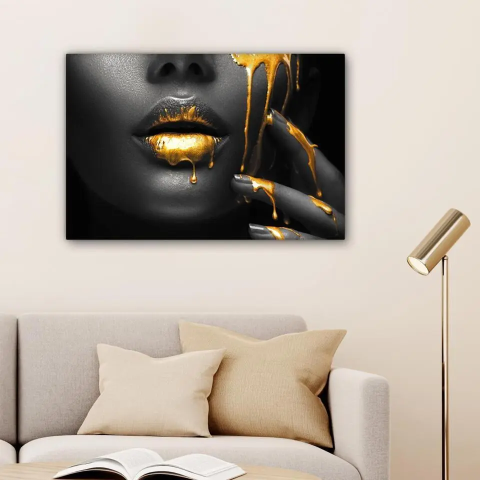 MuchoWow Canvas Schilderij 90x60cm Vrouw Zwart Goud Gezicht