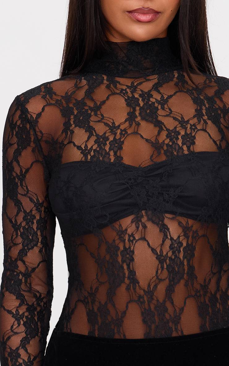 Noir Body En Dentelle À Col Montant Et Manches Longues