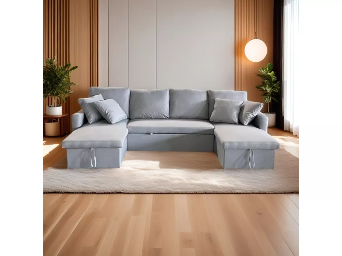 Canapé panoramique convertible 4 places en tissu avec coffre MAHÉ - gris clair