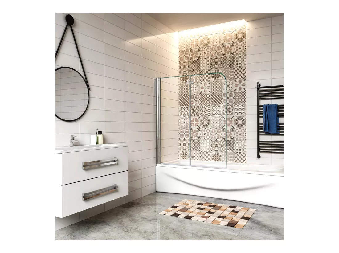 Pare-baignoire 100x140cm pivotant et pliant, paroi de baignoire, écran de douche à 2 volets en verre trempé transparent