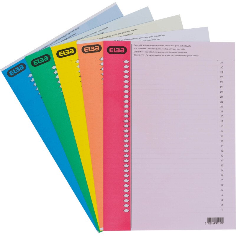 Etiquette dossier suspendu d'armoire 9 x 210 mm Elba couleurs assorties - Paquet de 310