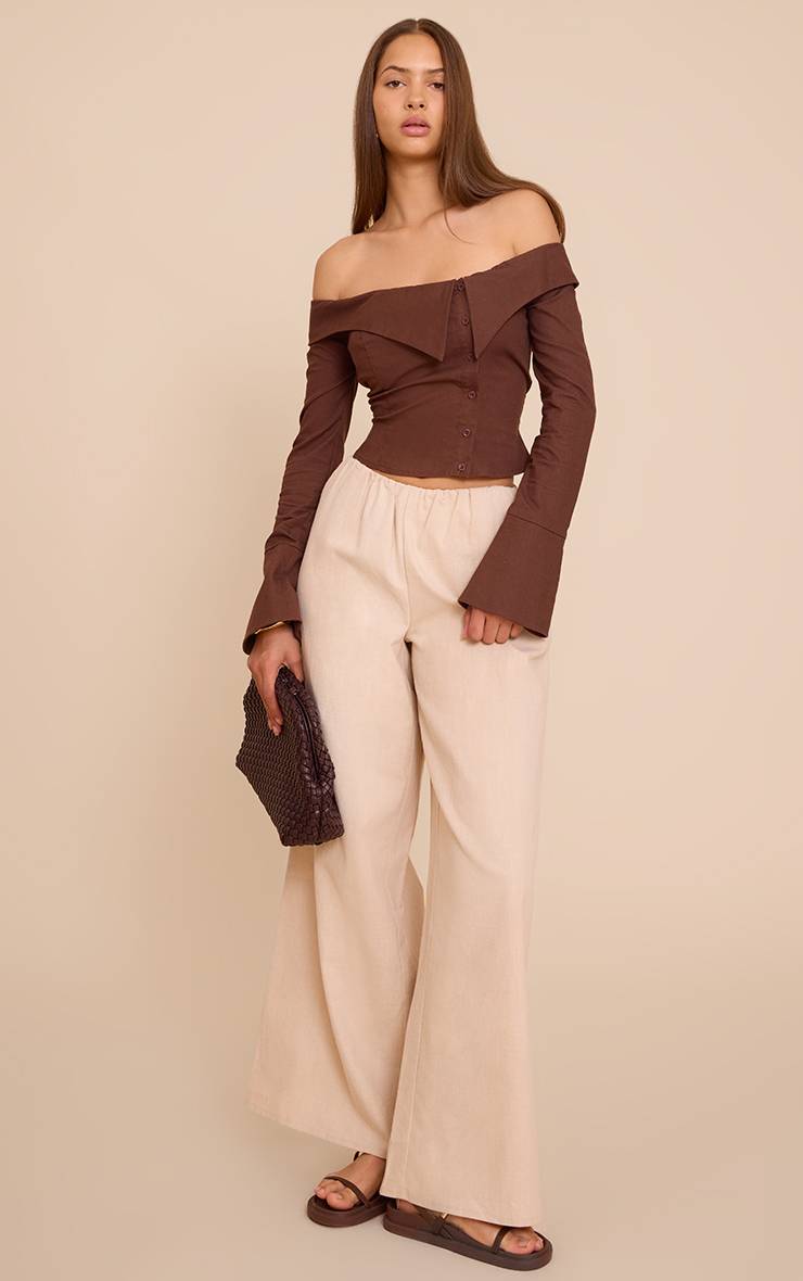Chocolat Chemise Bardot En Lin À Boutons