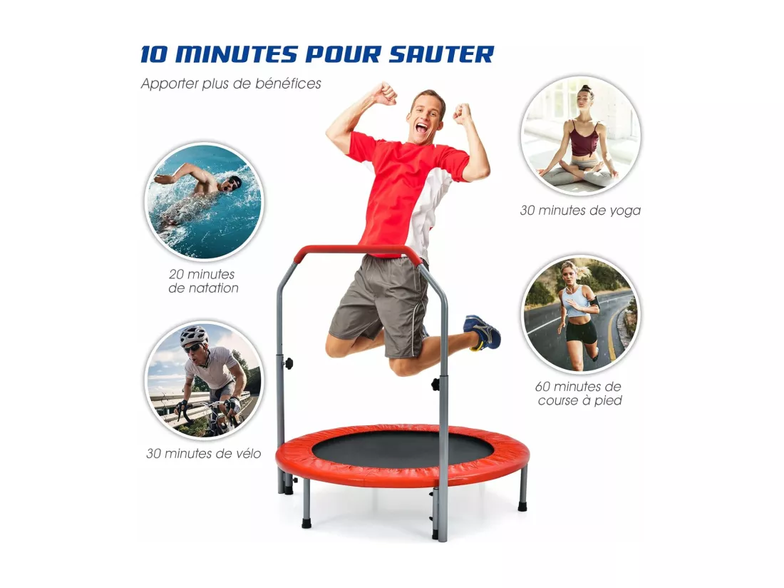 Trampoline de Fitness Pliable Ø101cm avec Poignée Réglable en Hauteur(96-112cm), Trampoline d'Intérieur avec Cadre en Acier & Housse de Protection, Charge 150kg pour Enfant Adulte