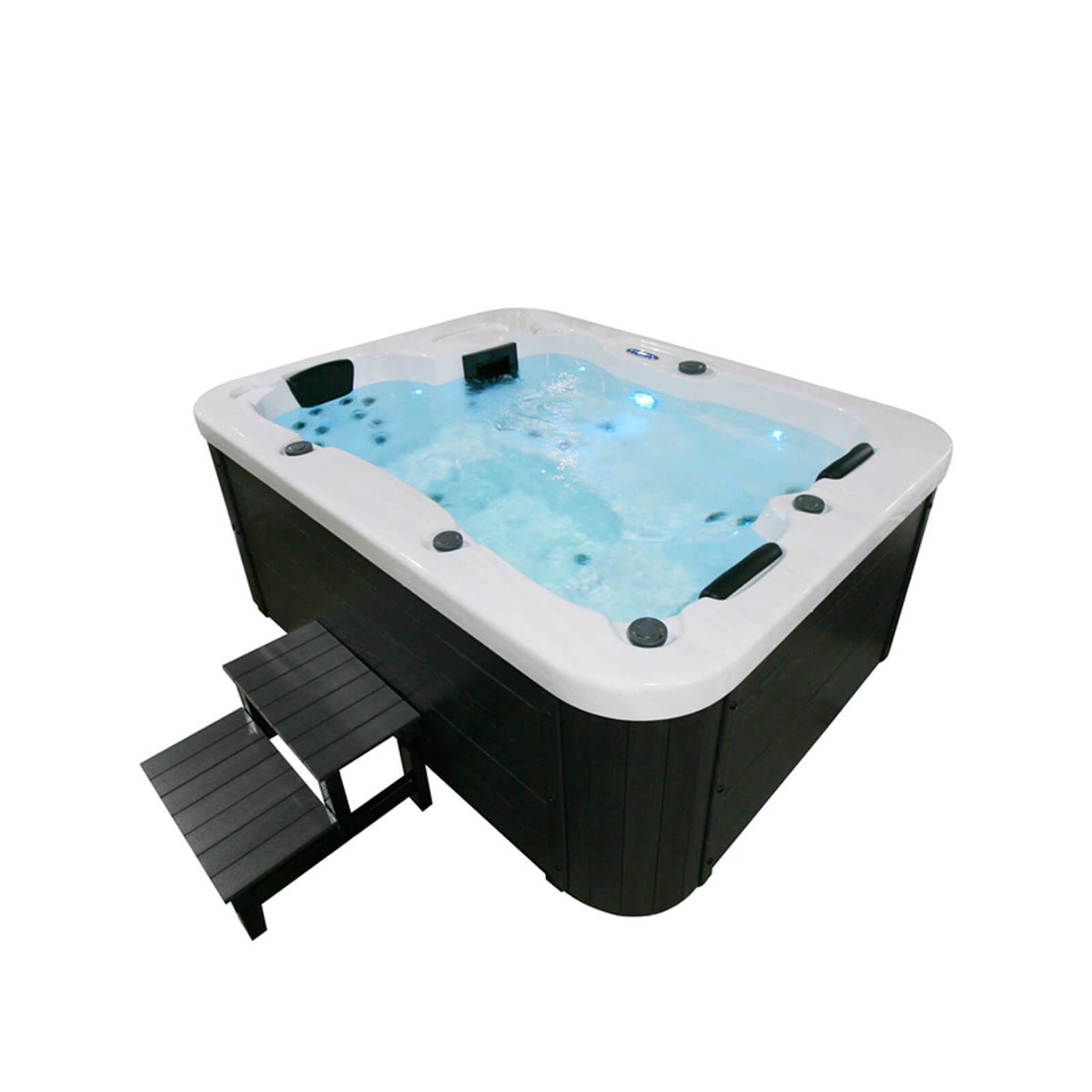 Home Deluxe - Buitenwhirlpool - Wit marmer met traptreden en thermische afdekking - Afmetingen 210 x 160 x 85 cm - Incl. verwarming, 27 massagestralen en 9 lampen | Buitenwhirlpool voor 3 personen