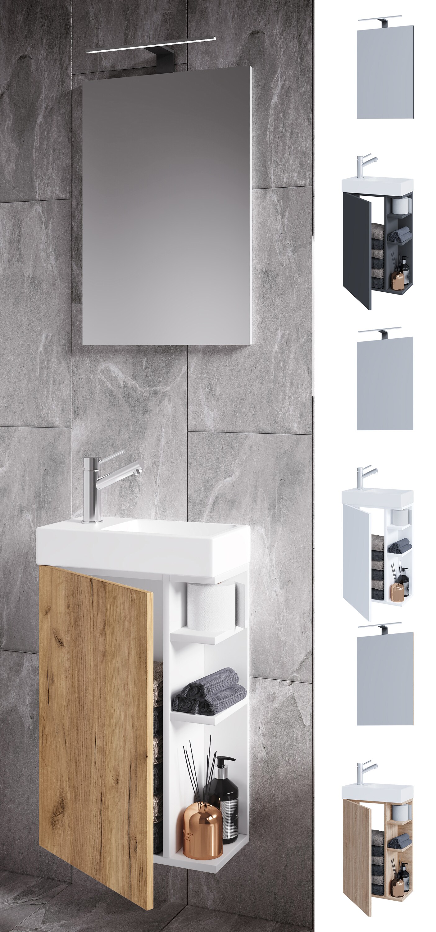 VCM 3-tlg Badmöbel Set Gäste WC Gästebad Waschplatz Waschtisch klein schmal Lumia Spiegel