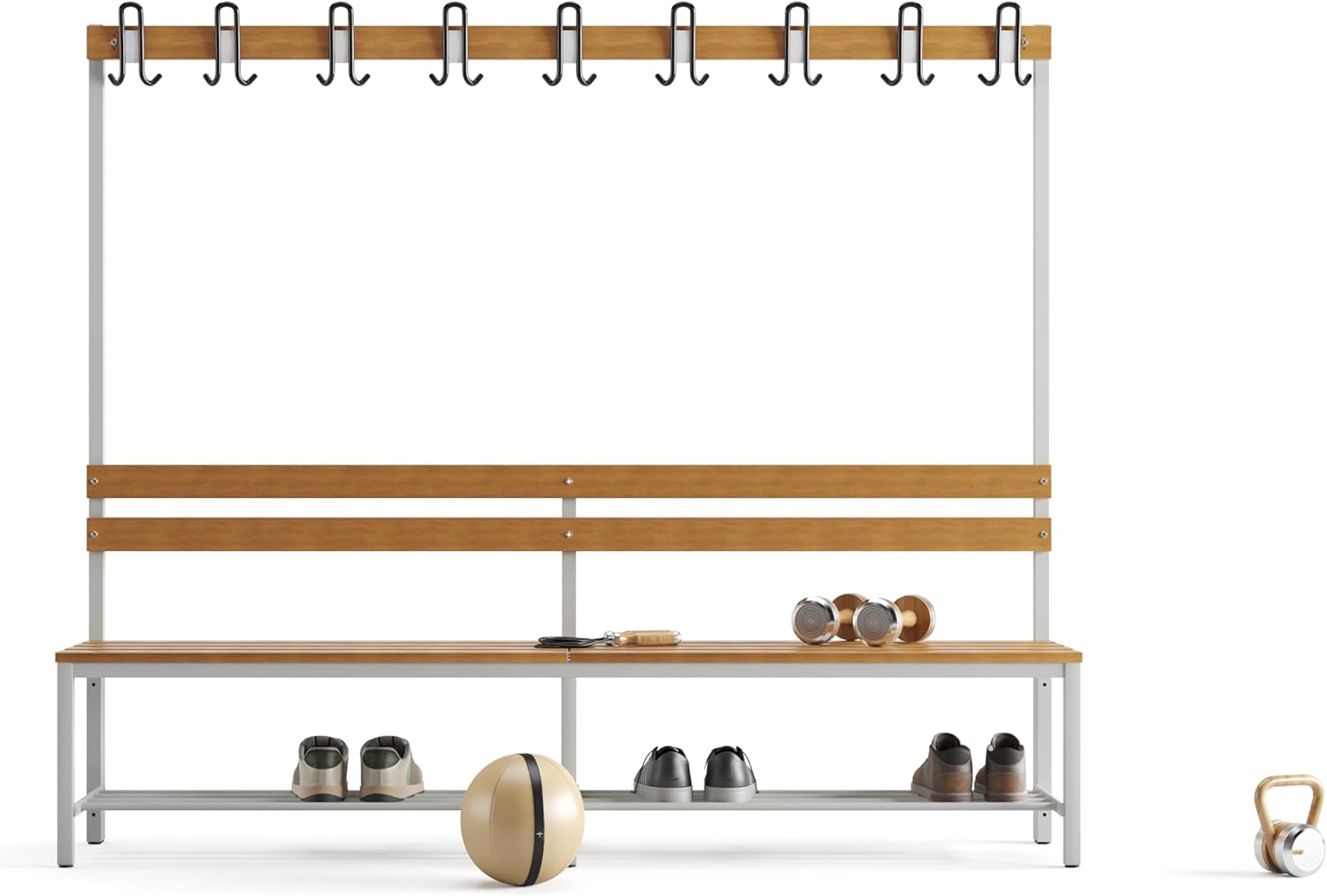 furni24 Umkleidesitzbank mit Stahlrahmen, Garderobenbank Sportraum Bank für Fitnessstudio Buche Echtholz, lackierter, Hakenleiste und TÜV/GS getestet - 200 cm Einseitige mit Schuhrost - Grau