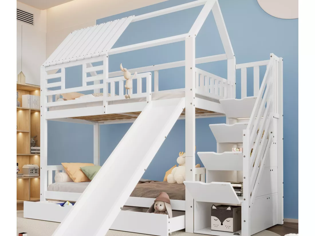 Lit superposé 90x200cm en bois et MDF - avec toboggan et escalier de rangement - un grand tiroir sous le lit - Blanc