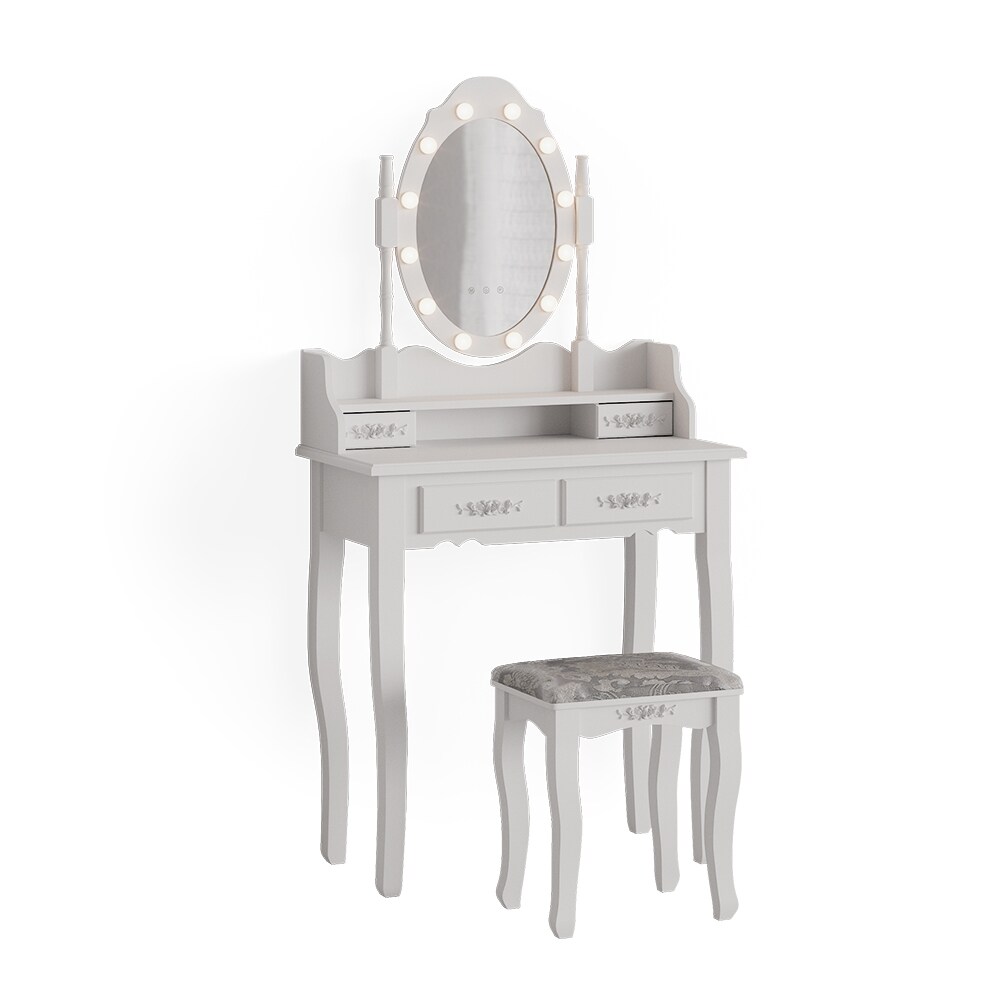 Vicco Schminktisch Frisiertisch Kosmetiktisch Maggie Weiß Schminkspiegel Hocker 75x147 Barock LED Beleuchtung Schlafzimmerkommode Schminkkommode Schublade Aufbewahrung Frisierkommode Make-Up-Tisch