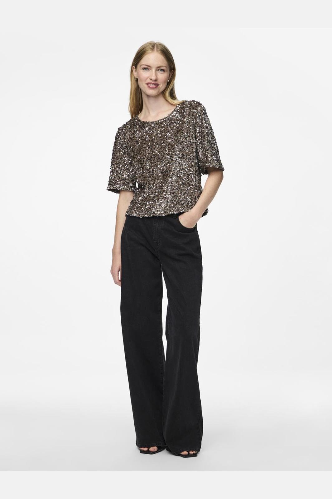 Pieces Pckam Ss Top 4641548 morel silver sequins