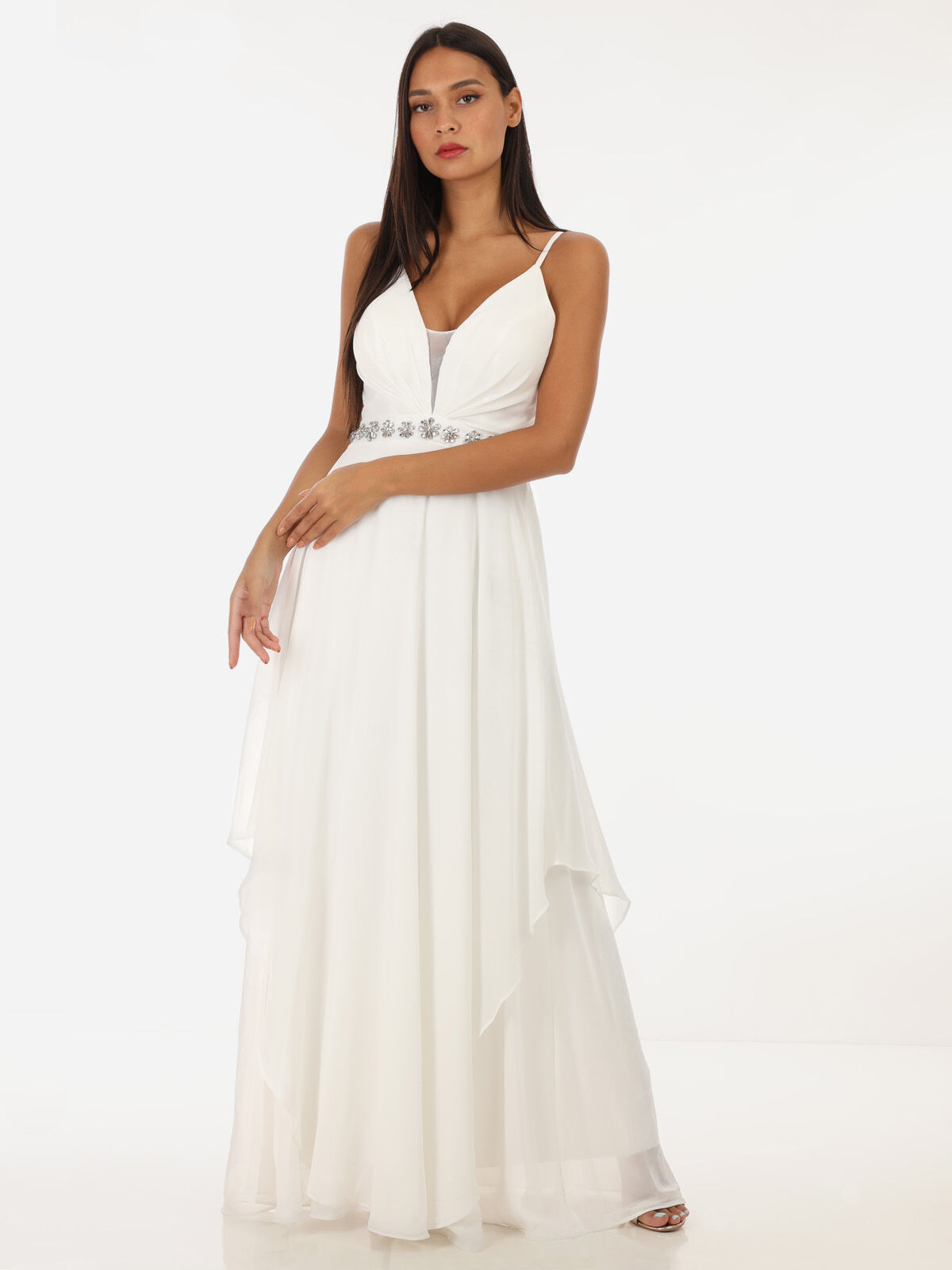 Robe longue fluide à strass- Blanc