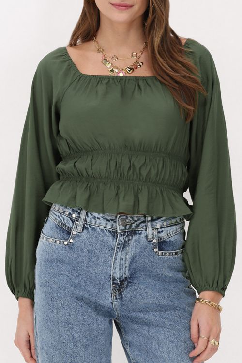 Donkergroene off shoulder top met ruffles