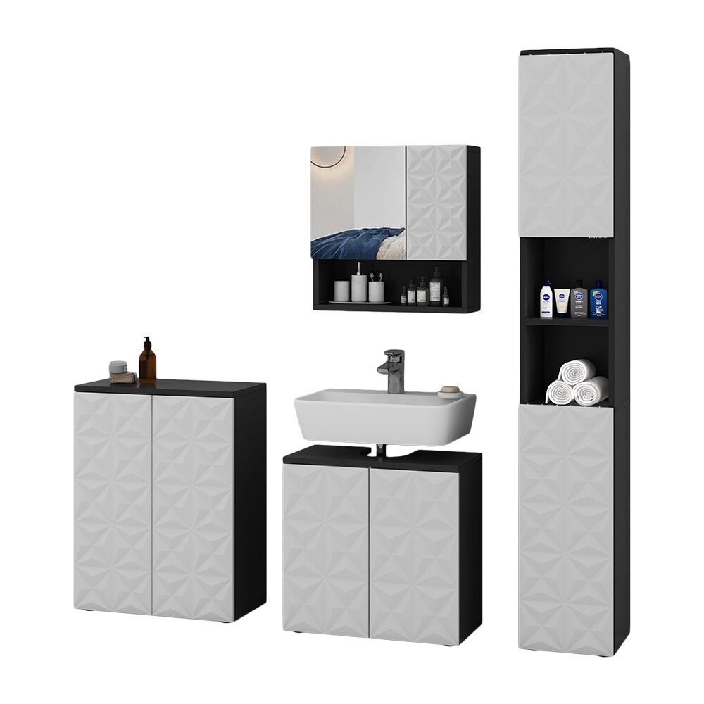 Vicco Badmöbel-Set Badezimmer-Möbel Bad-Schrank Edge Schwarz Weiß modern Badezimmerschrank Waschbeckenunterschrank Spiegelschrank Hochschrank Badezimmerkommode