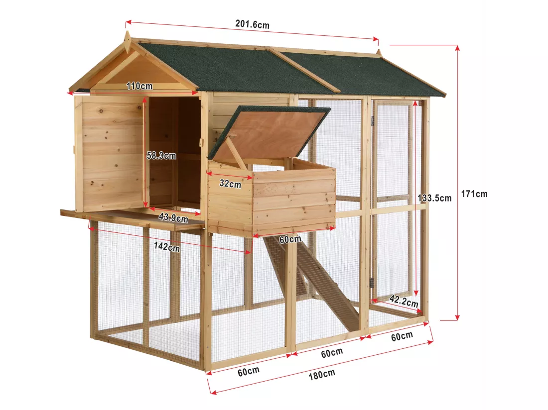 Poulailler en bois avec enclos - 8 poules - L. 201 x P.142 x H. 171 cm- Naturel - GALLUS