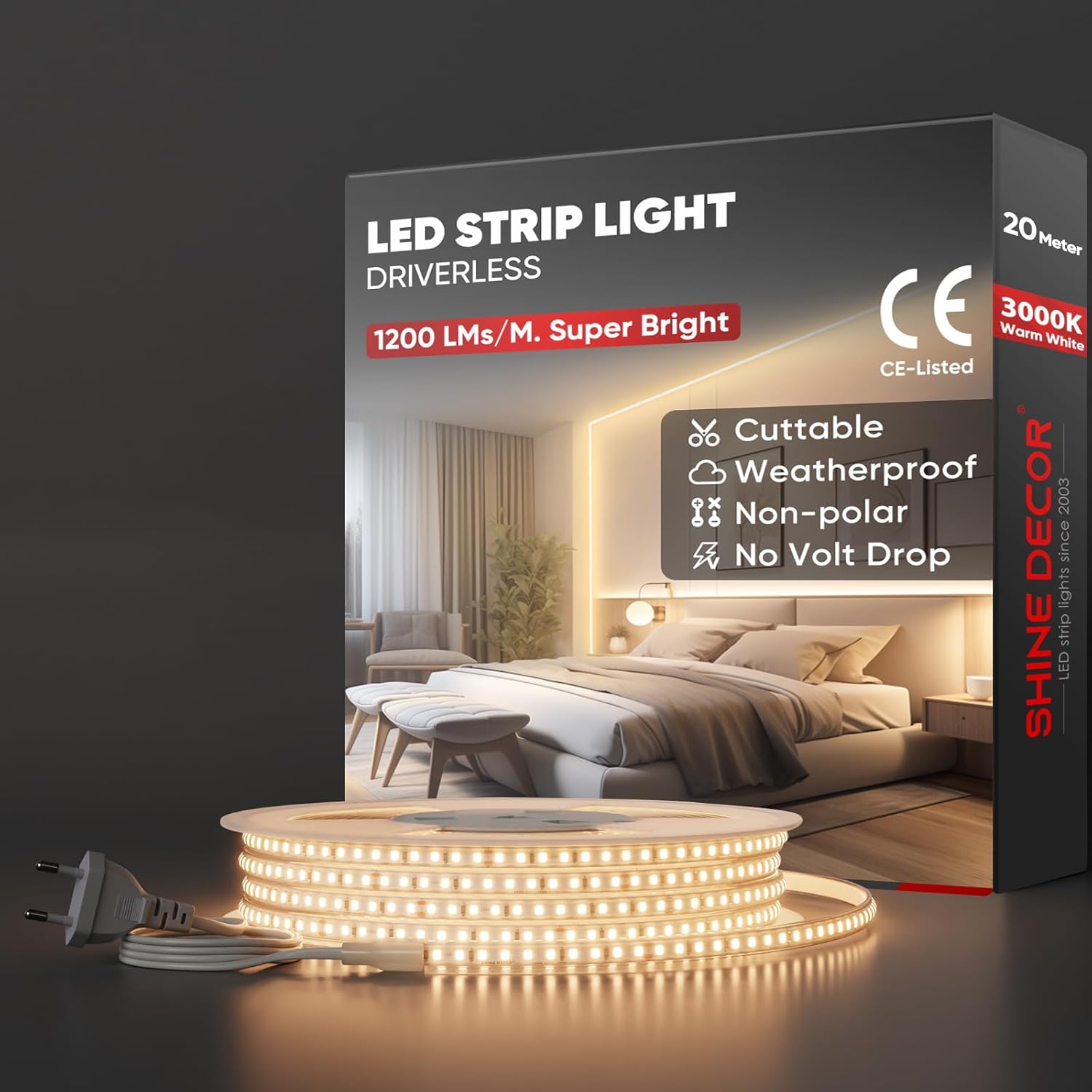 Shine Decor LED Streifen 20m, AC 220V 230V IP65 Wasserdicht LED Band, SMD 2835 120 leds/m Ultrahohe Helligkeit Lichtleiste für Home Decoration Küche Garten LED Beleuchtung (20M, Warmweiß)