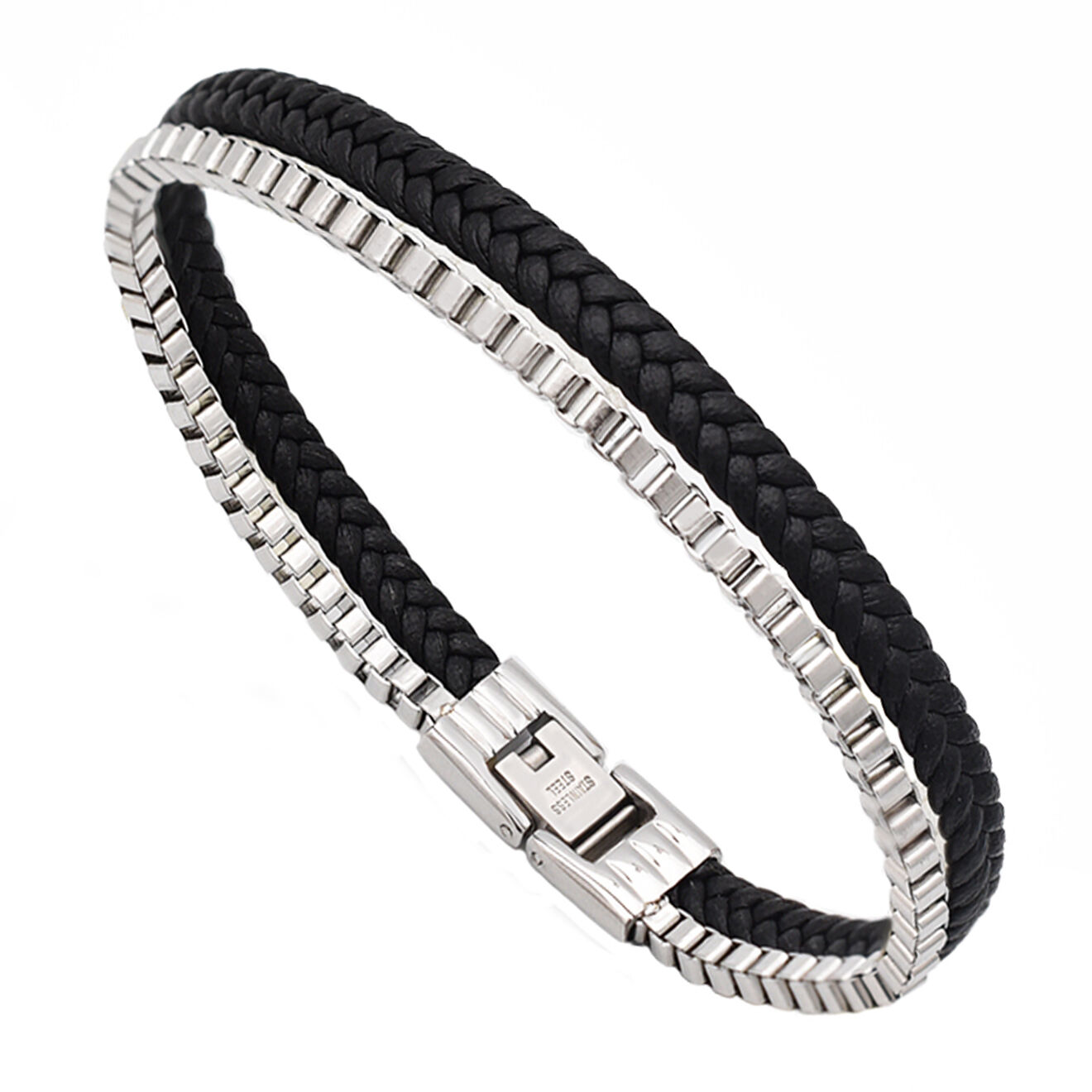 Jacobson Bracelet Double en Acier & Cuir tressé noir