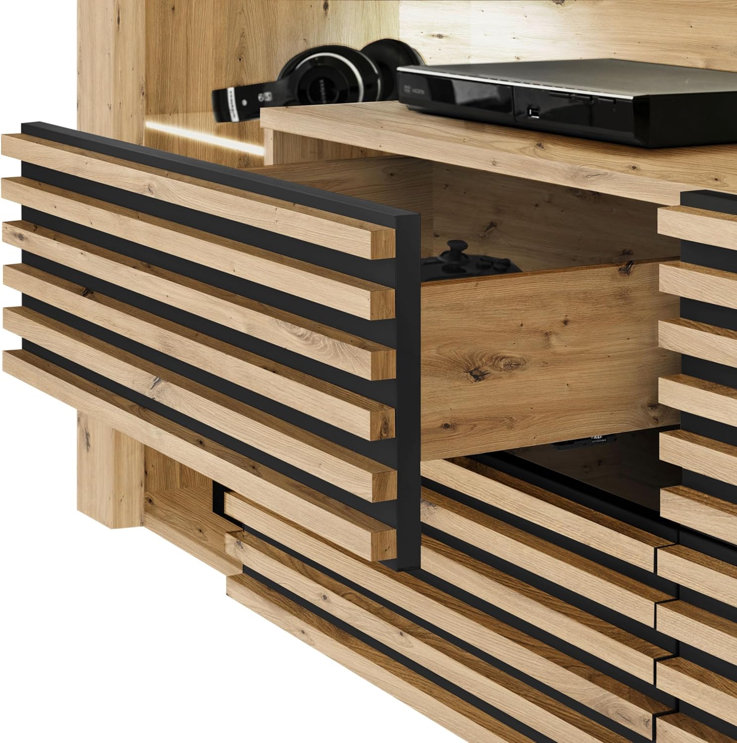 Goal 2 TV-Lowboard mit LED-Beleuchtung in Artisan Eiche Optik, Schwarz - TV Schrank mit viel Stauraum für Ihr Wohnzimmer - 179 x 67 x 44 cm (B/H/T)
