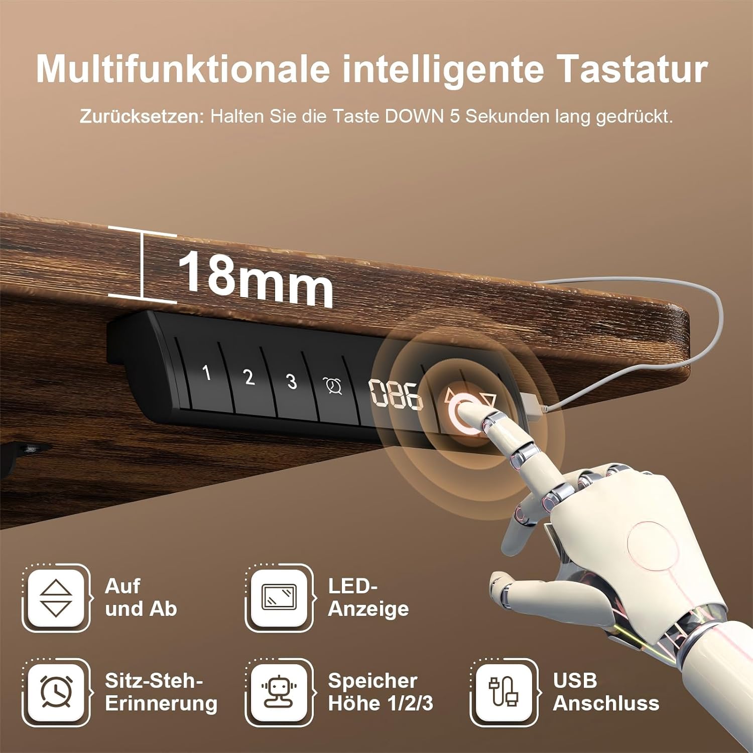 JUMMICO Höhenverstellbarer Schreibtisch 120 x 70 cm mit Kabelwanne, Höhenverstellbar Elektrisch Stehpult mit USB-Buchse, Computertisch, Ergonomischer Steh-Sitz Tisch, Bürotisch, Vintage-braun