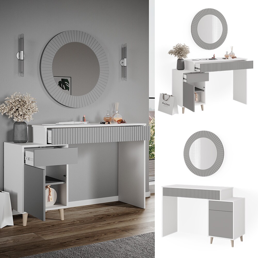 Vicco Schminktisch Frisiertisch Kosmetiktisch Arles Weiß Hellgrau Schminkspiegel 120x77 cm Skandi Schlafzimmerkommode Schminkkommode Schublade Ablage Aufbewahrung Frisierkommode Make-Up-Tisch