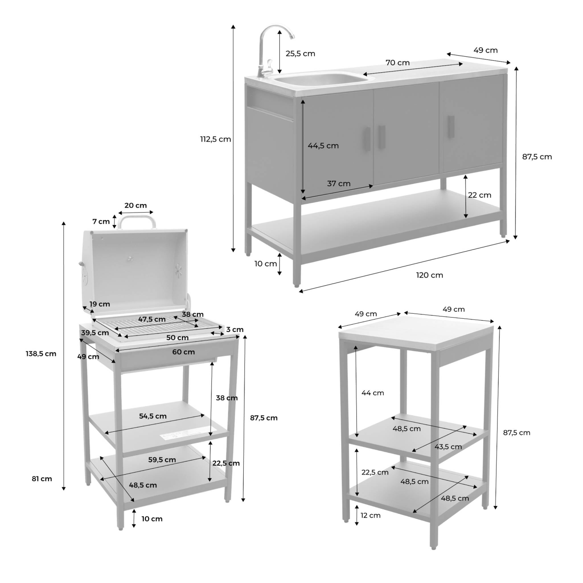 sweeek - Buitenkeuken 3 modules met houtskoolbarbecue staal