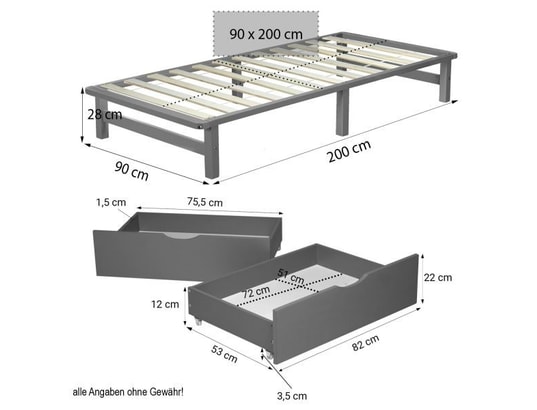 HOMESTYLE4U - Lit enfant Lit en palette gris 90x200 cm avec 2 tiroirs sommier à latte...