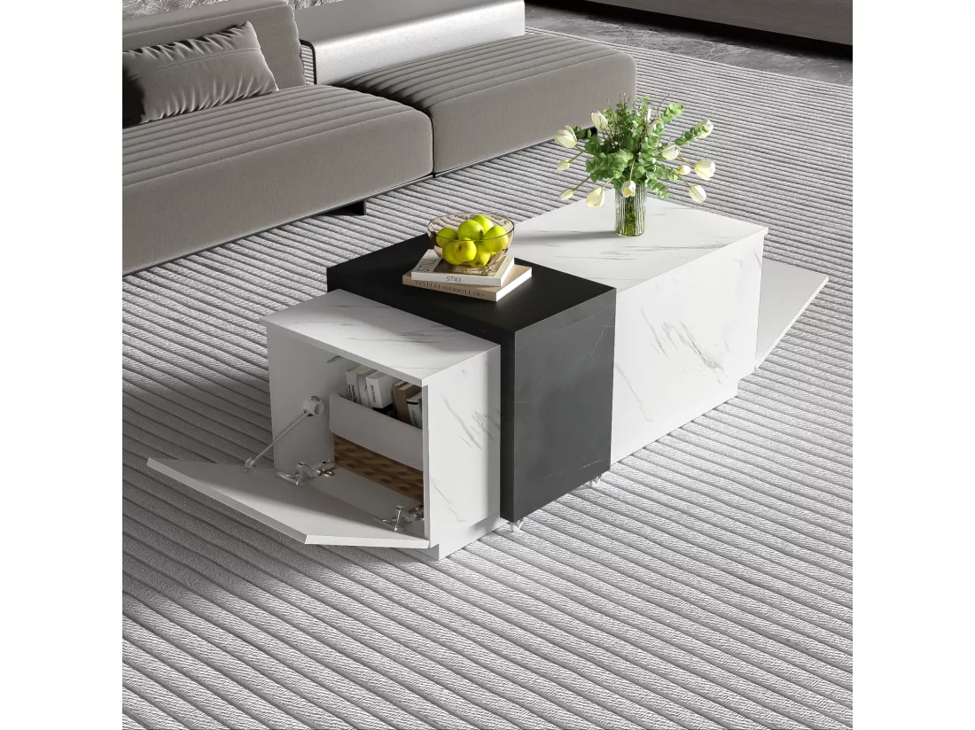 Table basse avec 2 portes et plateau mobile, look en marbre, panneau de particule, pour le salon et le bureau, 110x50x36cm