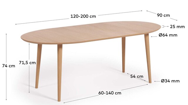 Kave Home Esstisch OAKLAND 120 - 200 x 90 cm Eiche braun
