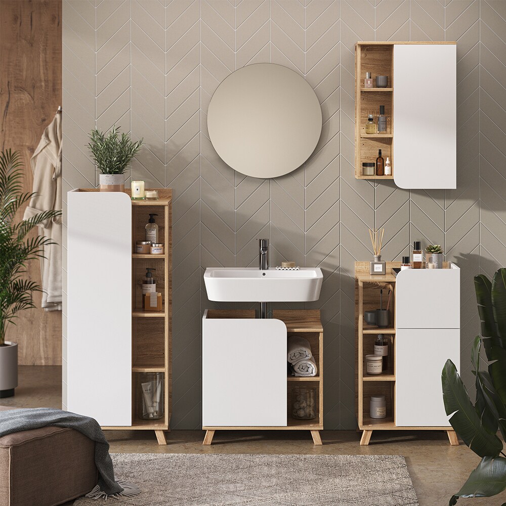 Vicco Badmöbel-Set Karen, Sonoma Weiß, moderne Badezimmerserie, 2 Farben, Waschtischunterschrank, Badspiegel; Midischrank, Unterschrank, Hängeschrank