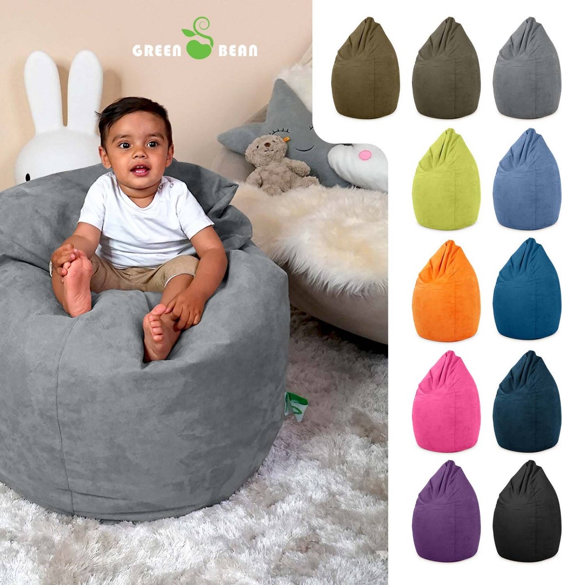 Green Bean Zitzak met rugleuning 60x60x90cm - Binnenzitkussen 220L vulling, comfortabel, wasbaar - Zitzak vloerkussen, loungestoel, voetenbank - grijs
