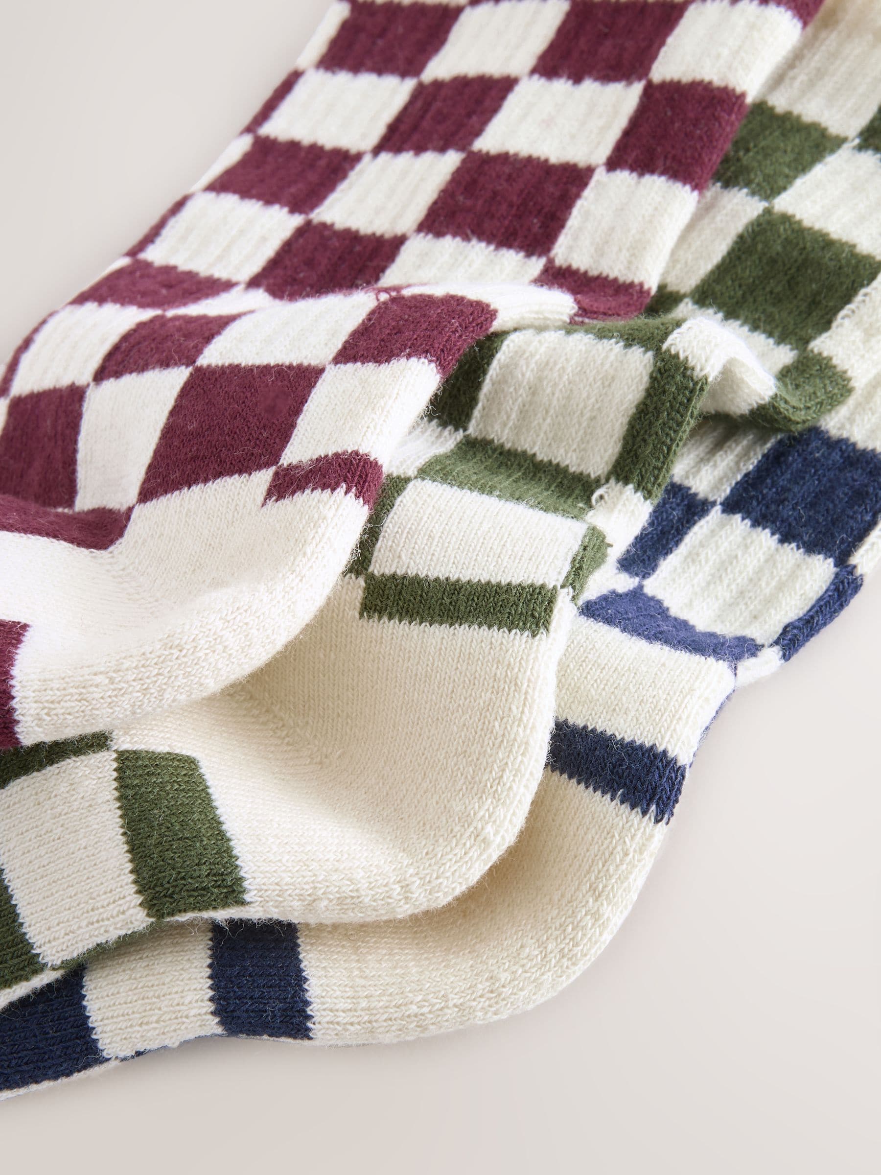 Marineblauw/Bessenrood Dambord - 3 Paar geribbelde enkelsokken met verzachte onderkant en voetholteondersteuning