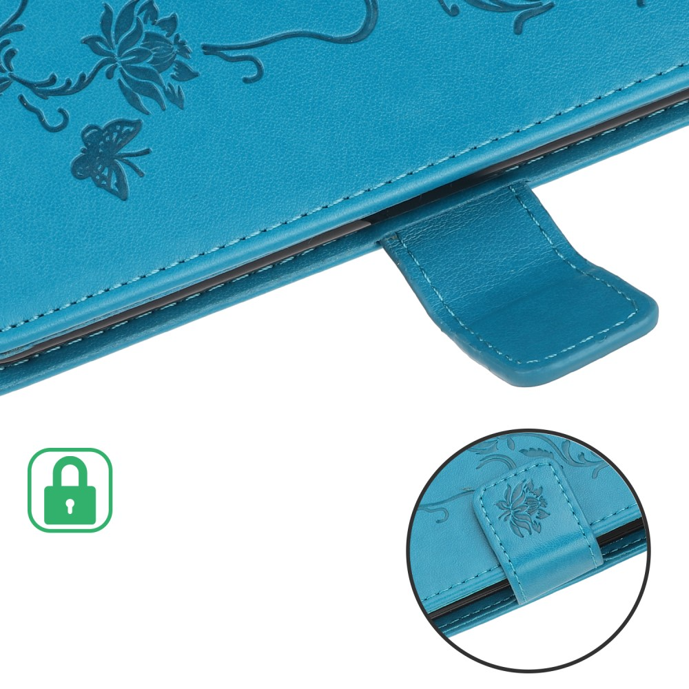 iPhone 12 / iPhone 12 Pro Leder Tasche Flip Cover Schmetterlinge und Blumen - Blau