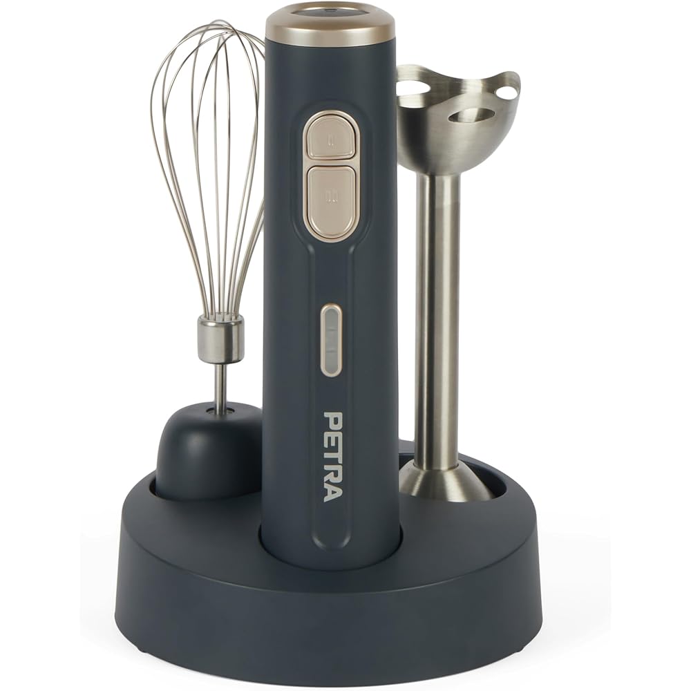 Petra PT5394BGRYVDE Mixeur 2 en 1 sans fil avec fouet et tige de mixage en acier inoxydable, batterie rechargeable de 10,8 V, 2 vitesses, base de rangement antidérapante et voyant LED : Cuisine et Maison