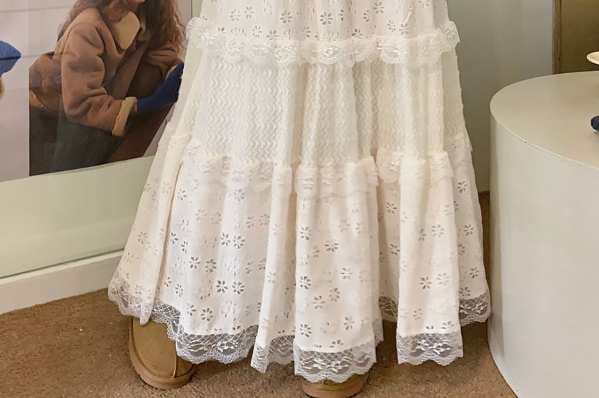 Monroll - Maxi A-lijn rok met elastische taille en ruches en kant