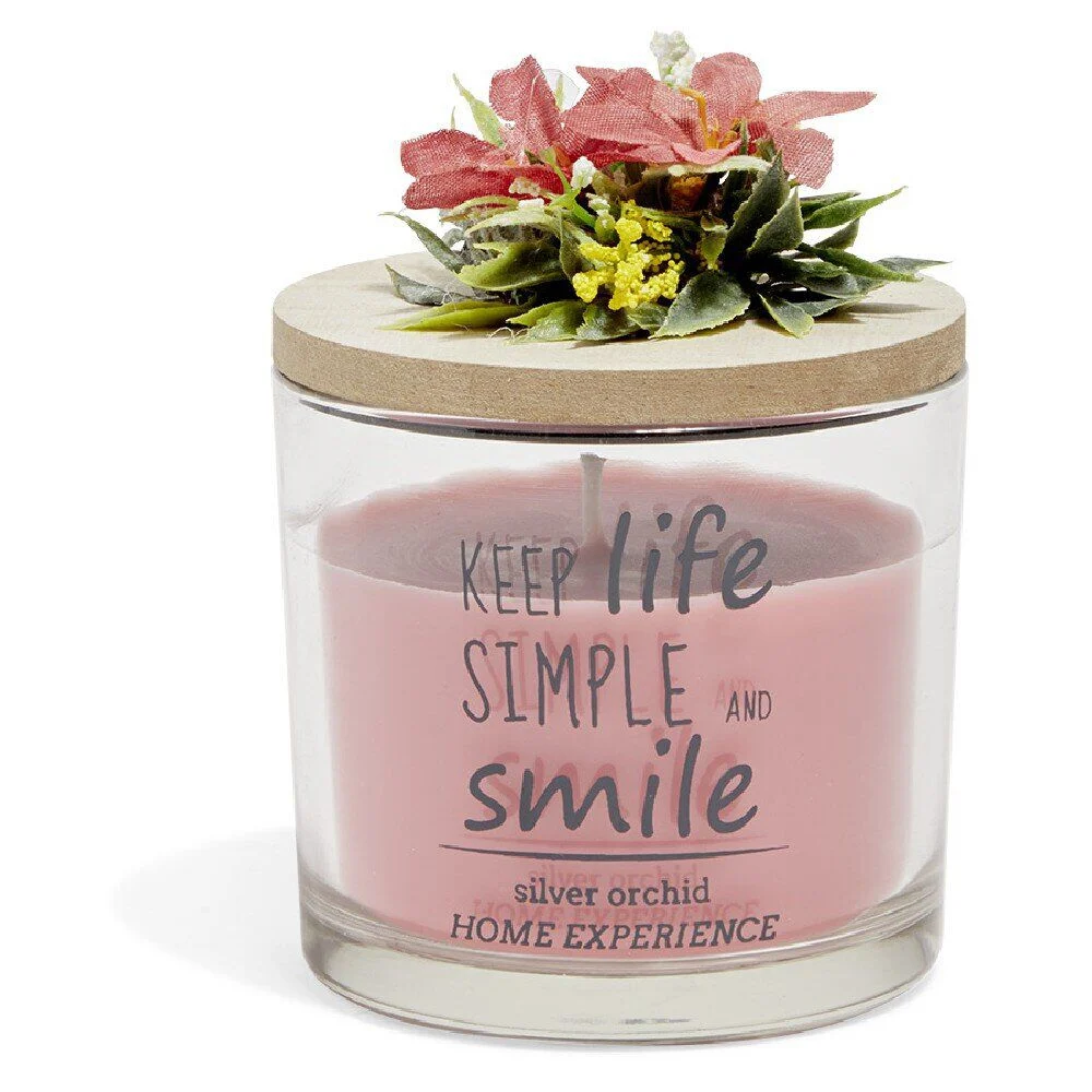 Bougie parfumée dans verre couvercle bois fleur message