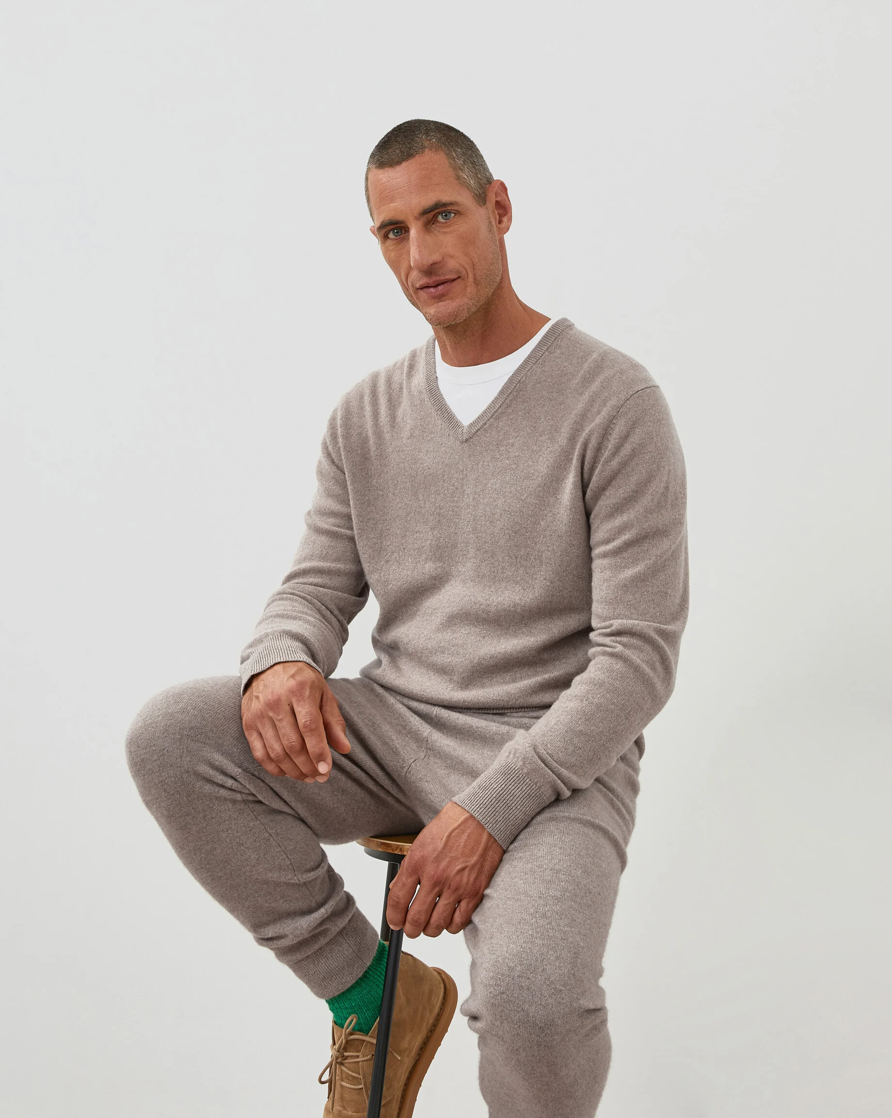 Pull homme col v en cachemire 2 fils | Beige