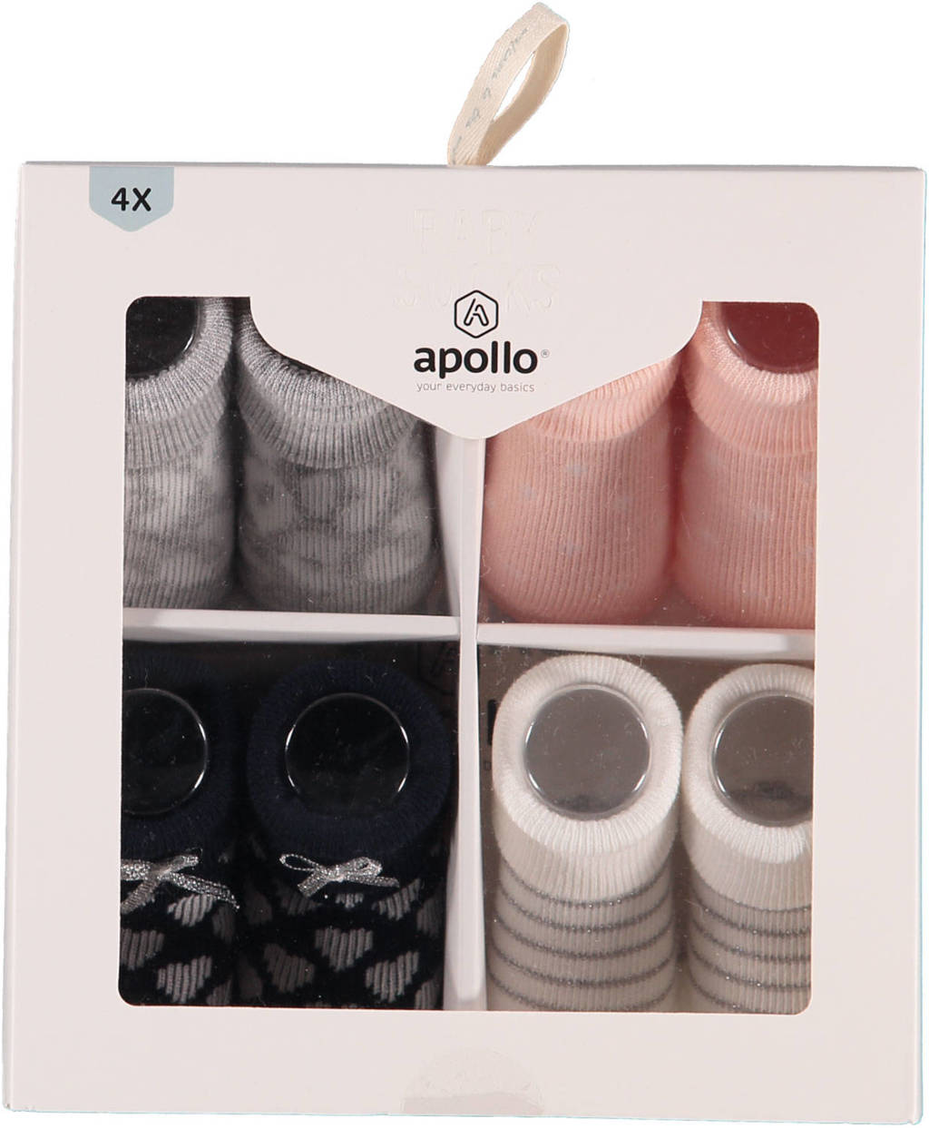 new born sokken - set van 4 in een geschenkset roze/wit/blauw