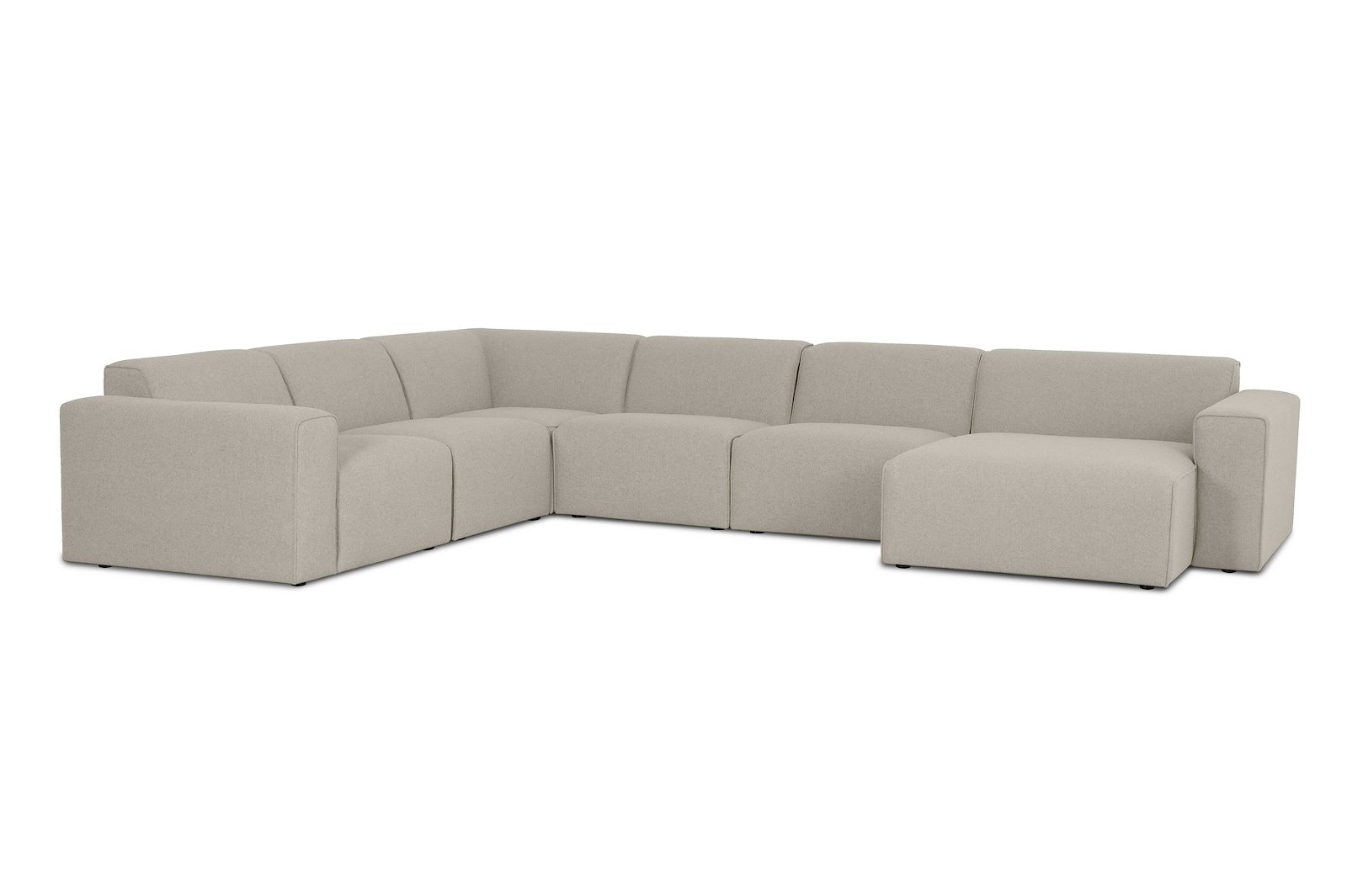 Styl U-sofa 2-seter venstre, 2-seter og sjeselong høyre. Tekstil Lombardo 9 Cappuccino med sorte ben.