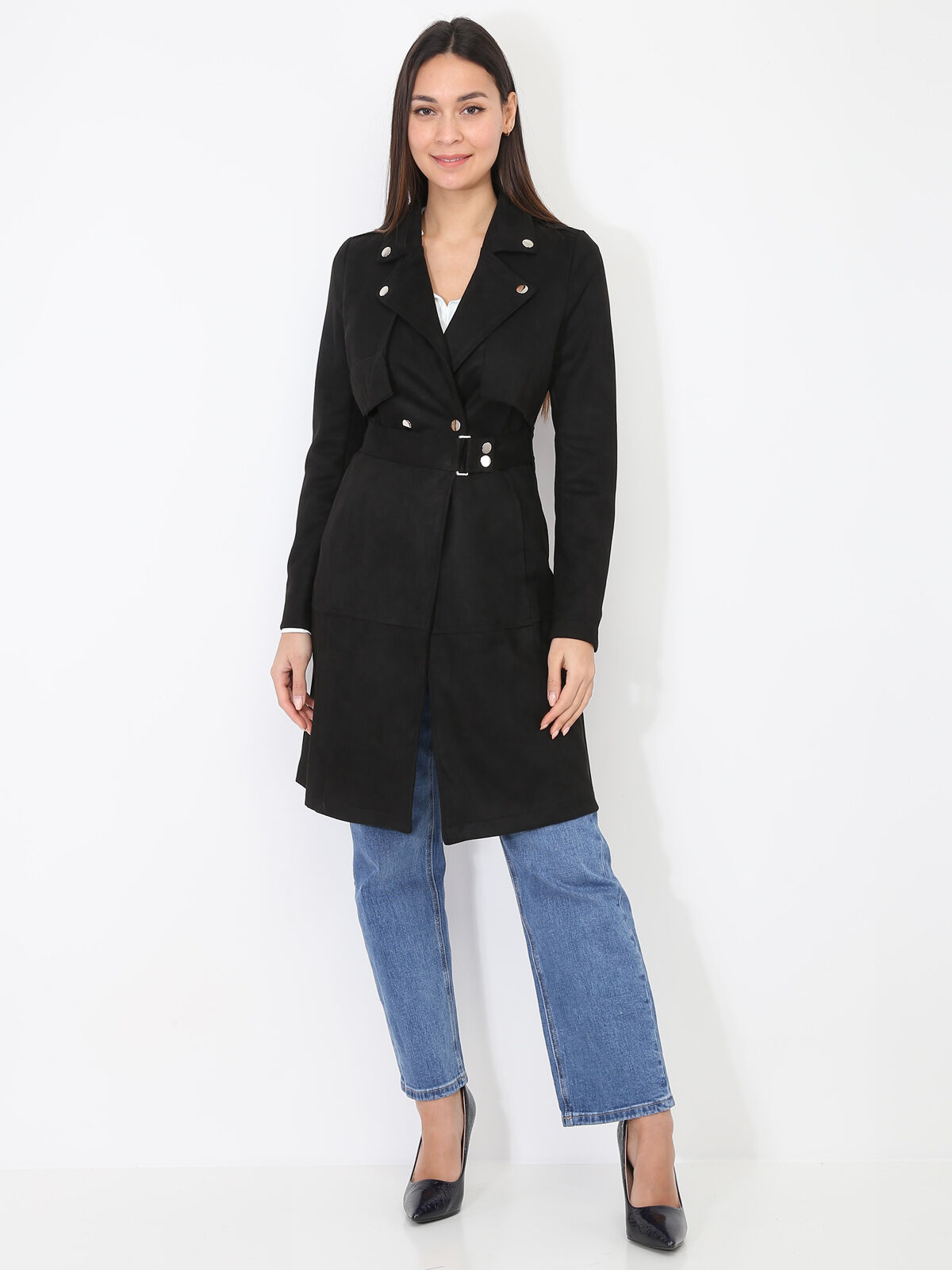 Veste longue ceinturée en suédine- Noir