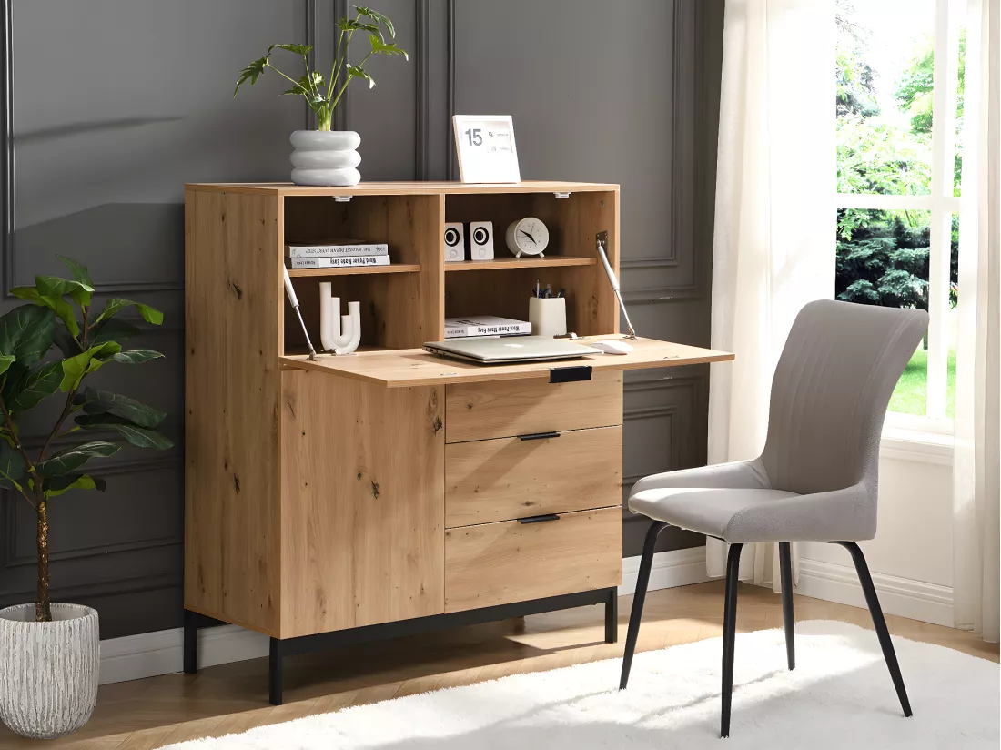 Secrétaire avec 2 porte et 3 tiroirs - MDF et métal - Coloris : Naturel - ERWIN