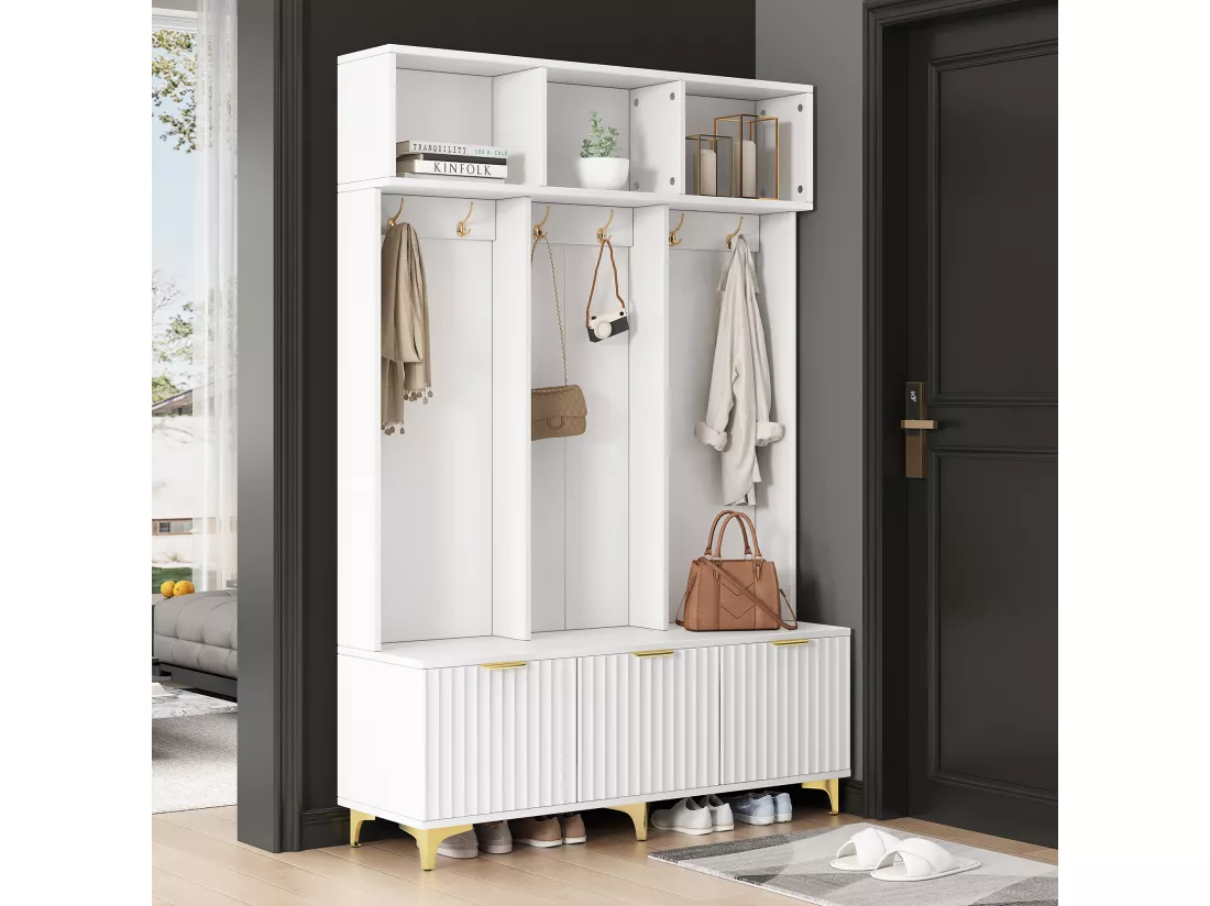 Vestiaire avec 3 portes et 3 niches - 126 x 40 x 191.5 cm - Panneaux de particules et pièds en métal - Blanc