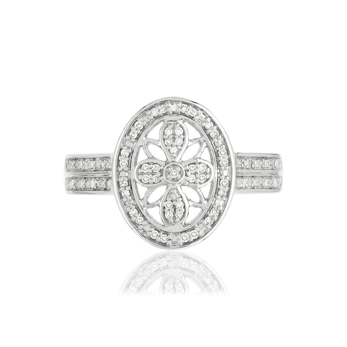 Bague or 375 blanc ovale ajourée diamants