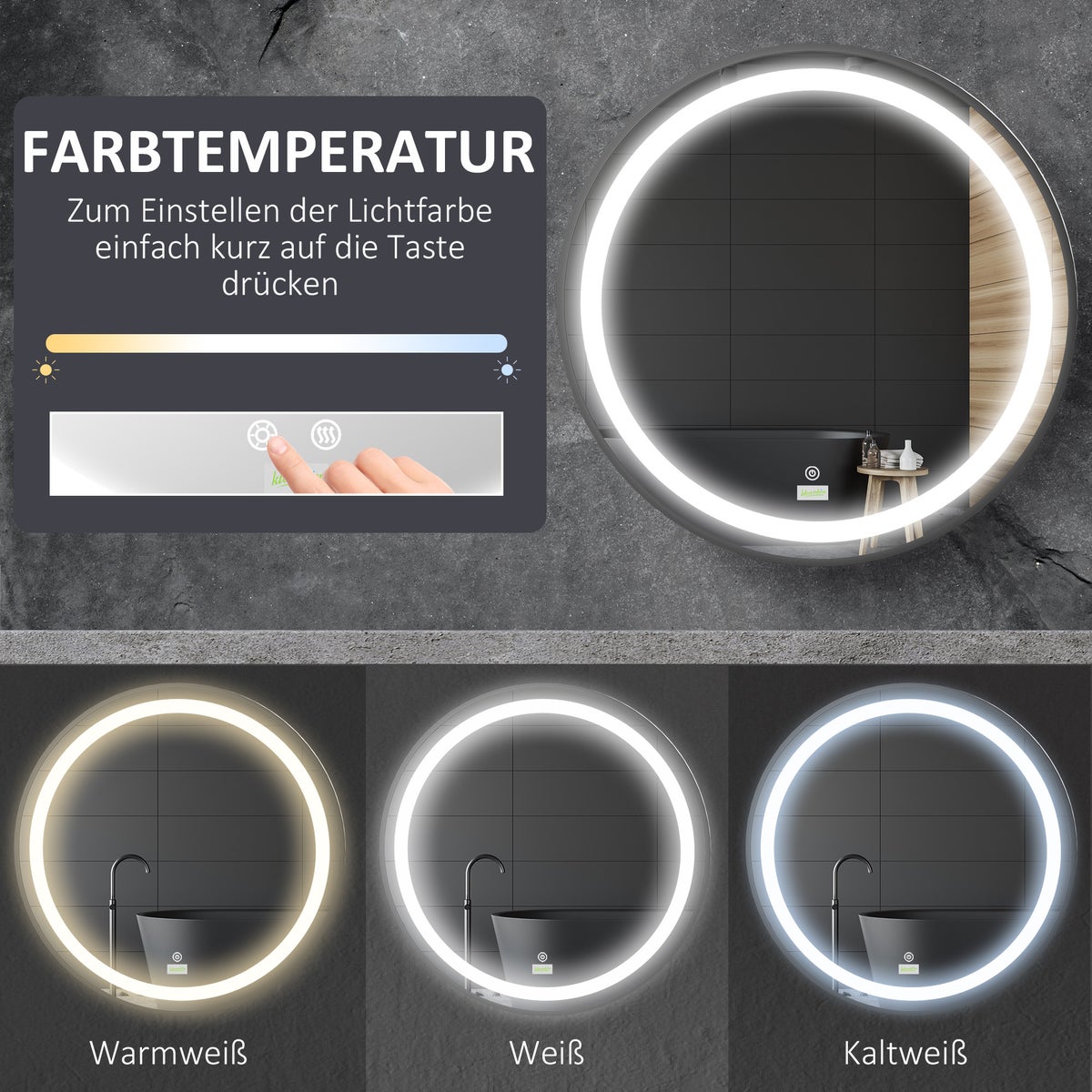 Kleankin badkamerspiegel, Ø60cm LED badkamerspiegel met 3 lichtkleuren, wandspiegel met touchfunctie, geheugenfunctie, IP44, zwart