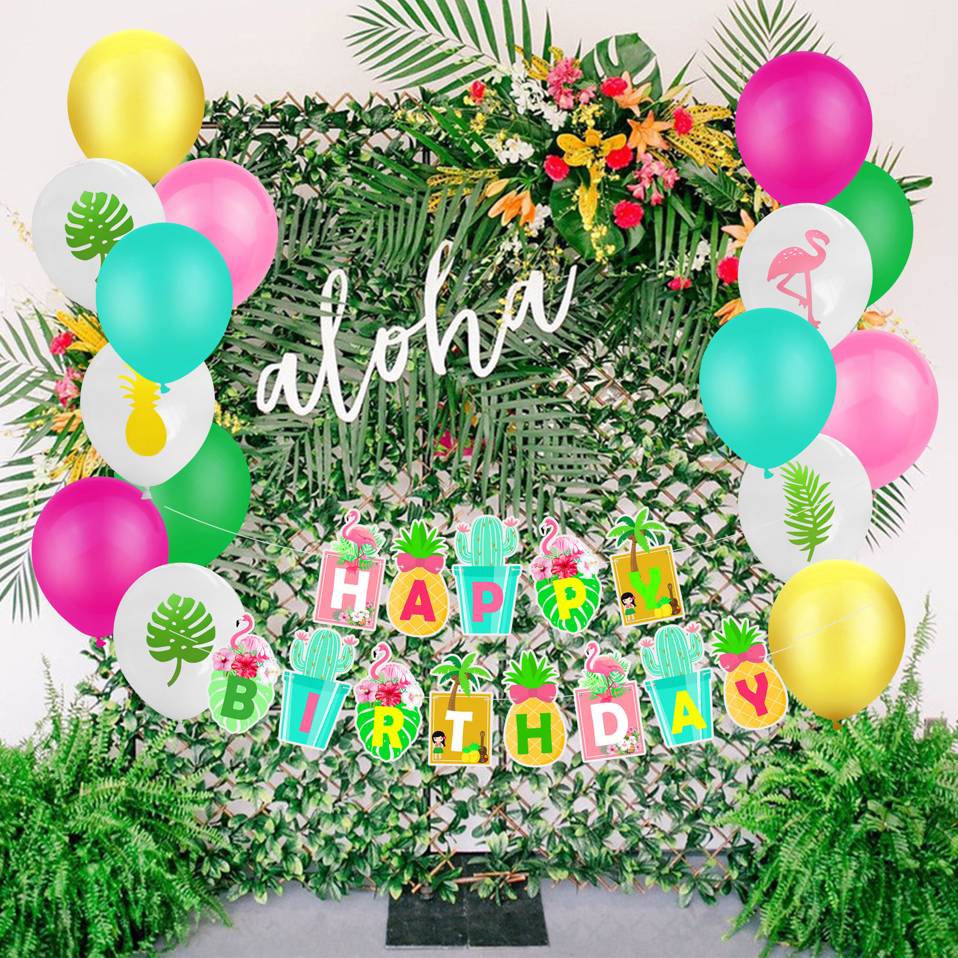 (15-tlg. Set) Happy Birthday Geburtstags Girlande Party Dekoration  - Hawaii / Style 1