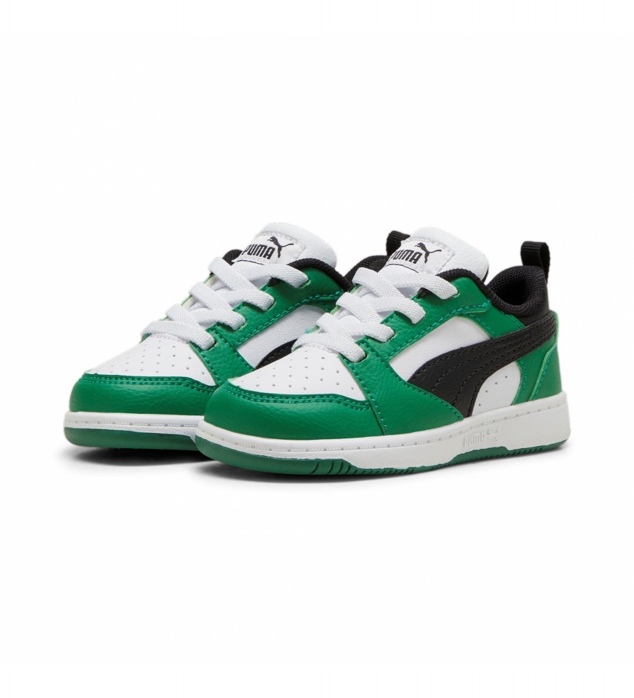 Tênis Puma Rebound V6, branco e verde.