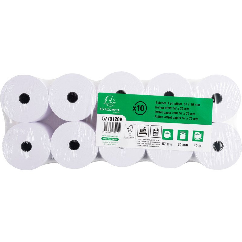 Bobines Caisses, Calculatrices Exacompta 5770120V - l 57 mm x L 44 m, Ø 70 mm - 1 pli(s) - paquet de 10