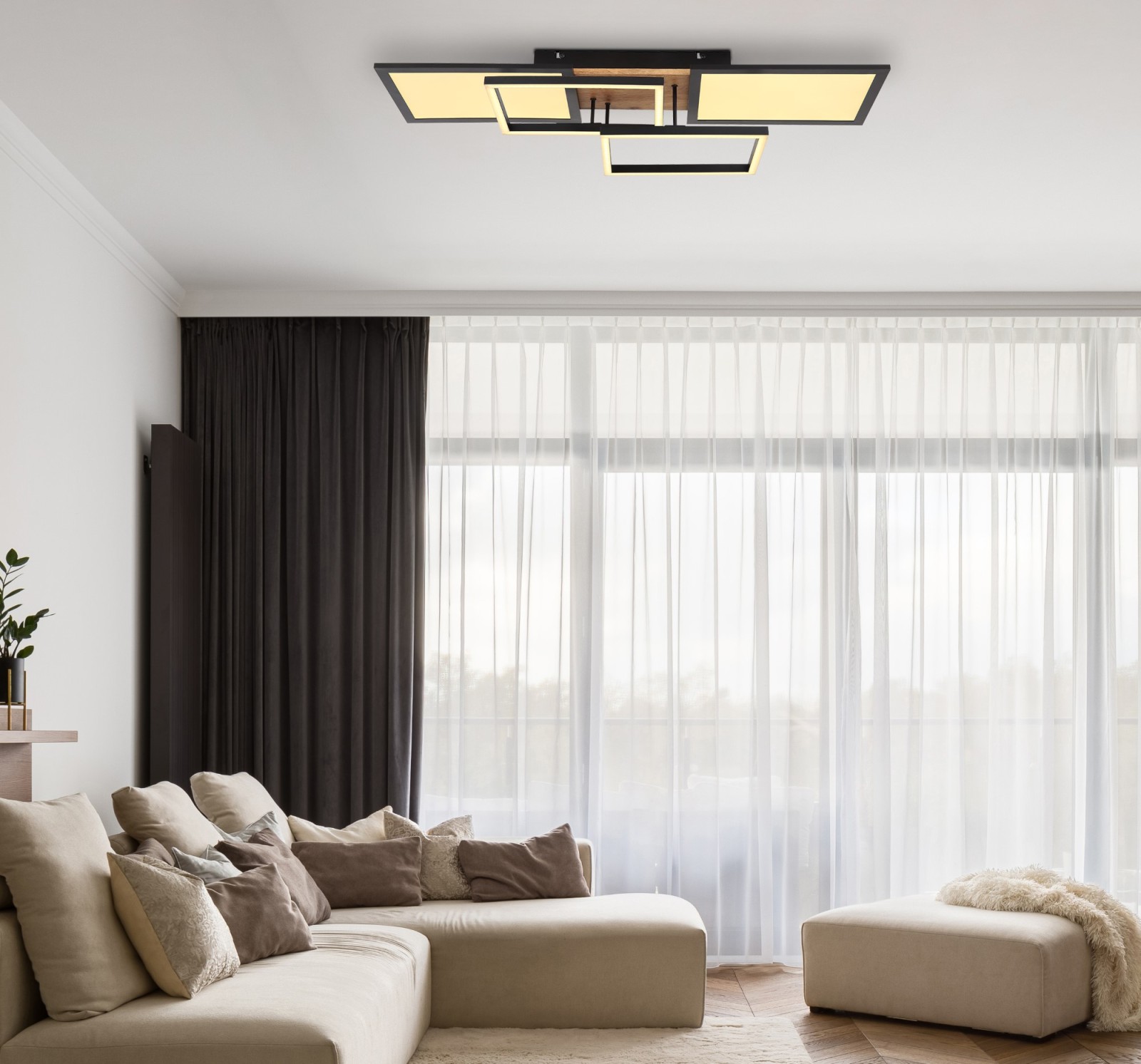LED-Deckenleuchte - schwarz matt-Holzoptik dunkel - 70 cm